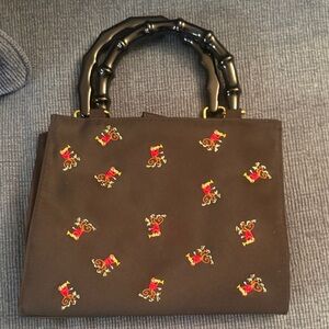 Vintage Prezzo Embroidered Tote with Glossy Bamboo-Style Handles
